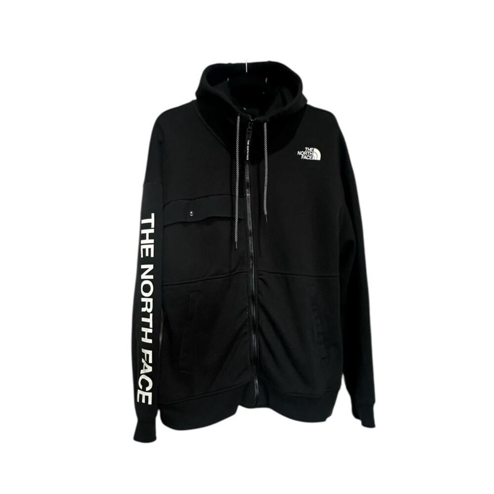 The North Face Fleece Black Jacket Hood Full Zip Men Sz M Spell Out Logo Outdoor